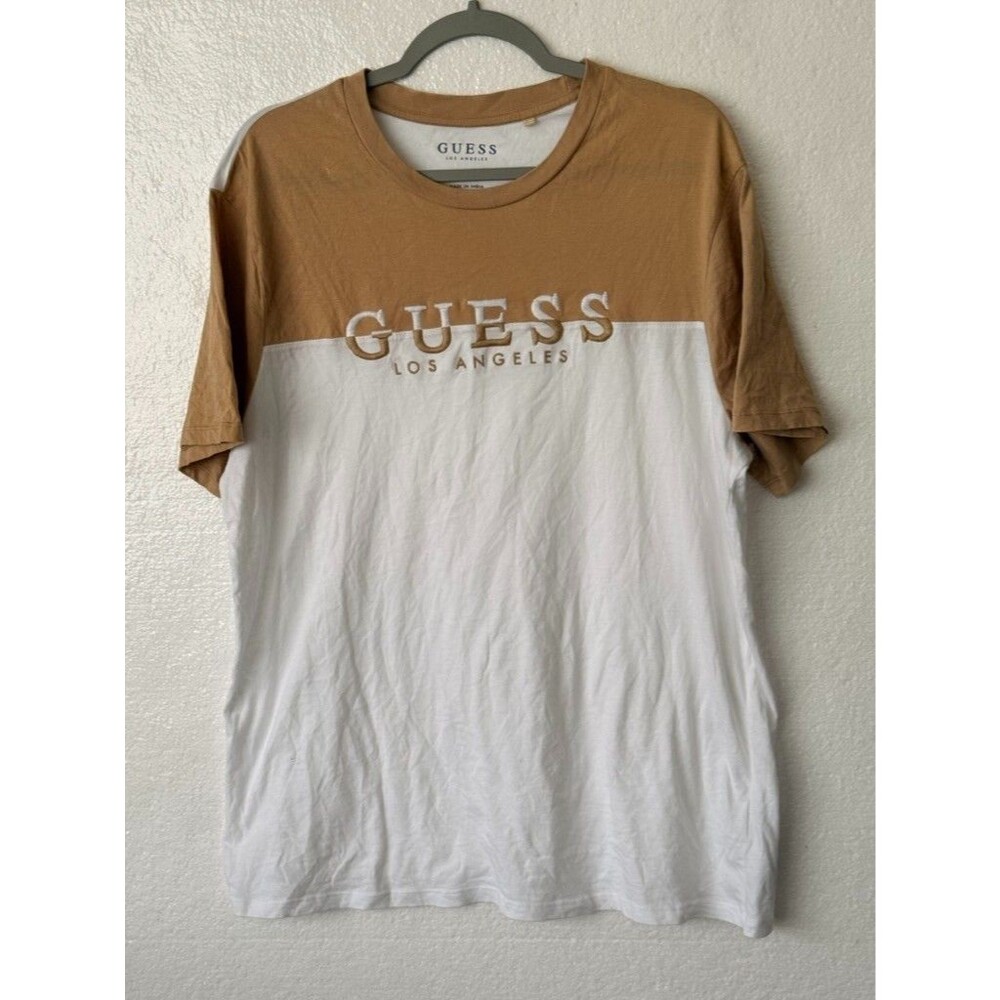 Guess Los Angeles Colorblock T-Shirt Mens XL Beige White Embroidered Logo